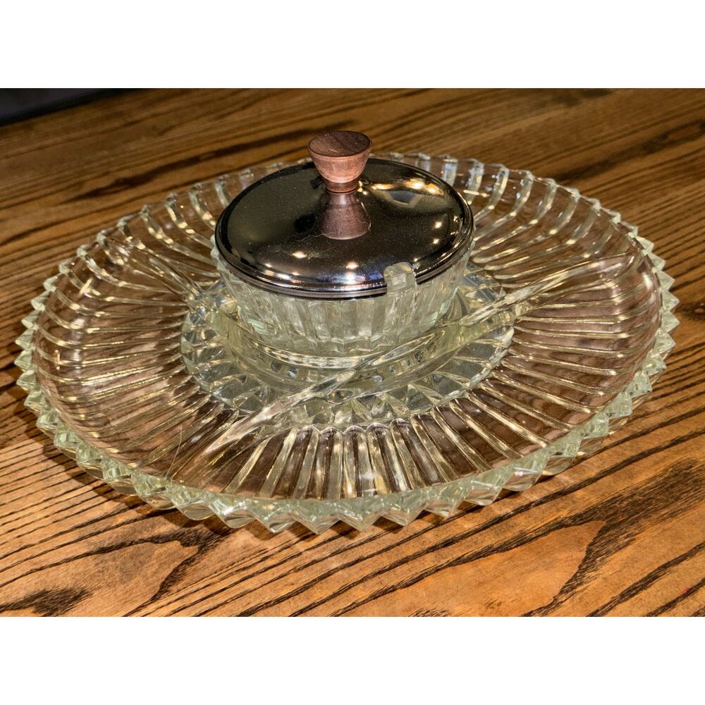 Kromex 12” Lazy Susan, 4-part Divided Glass Tray & Covered Bowl on Chrome Server